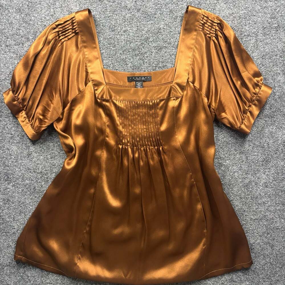 Laundry by Shelli Segal 100% Silk Bronze Brown Square Neck Puff Short Sleeve Blo